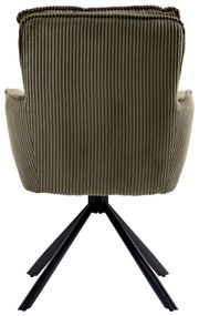 Rückansicht eines Sessels mit grünem, geripptem Stoffbezug und schwarzem Metallgestell.