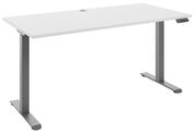 Moderner E-Schreibtisch mit weißer Tischplatte und grauen, höhenverstellbaren Beinen, seitliche Perspektive