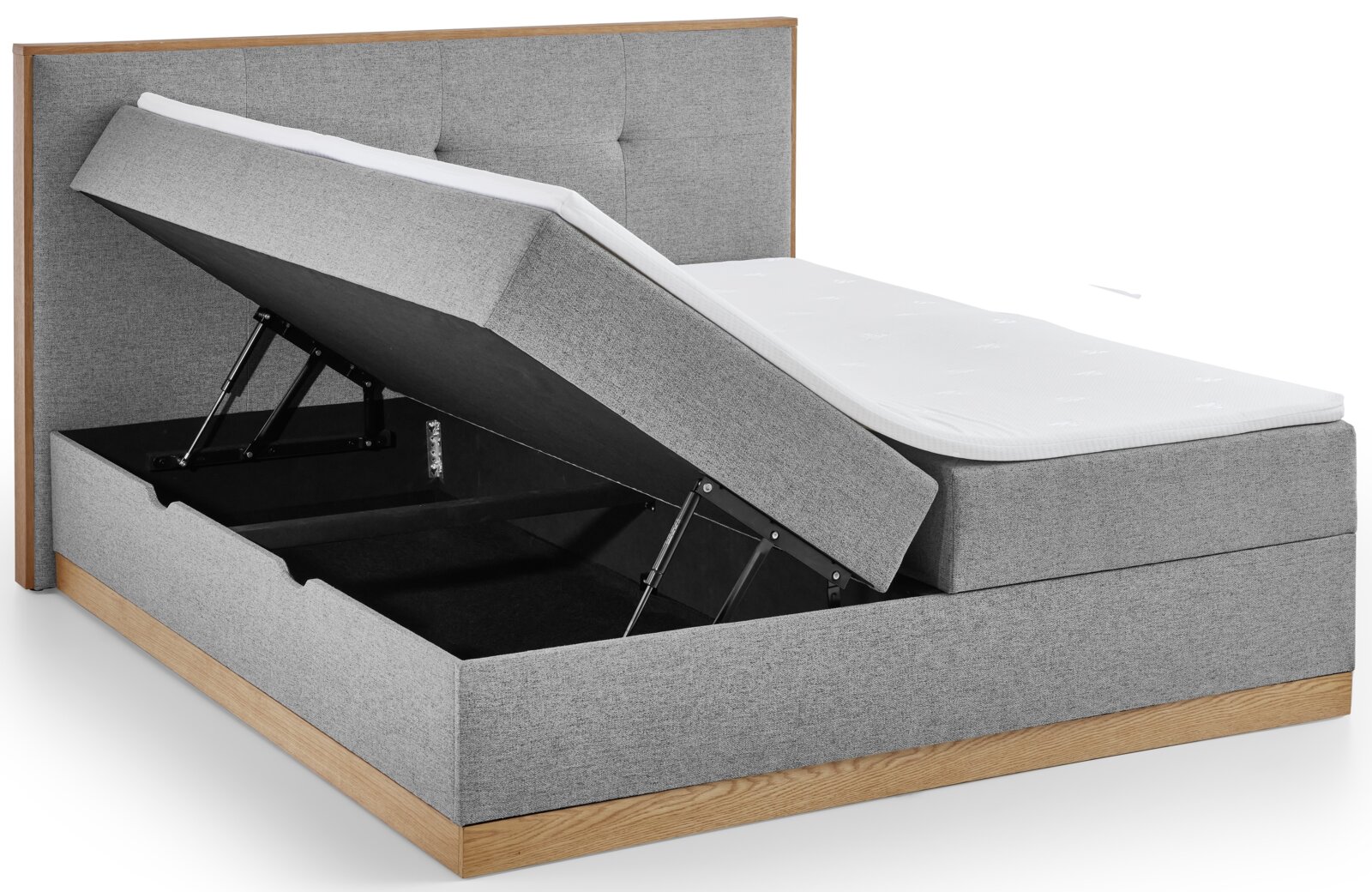 Boxbed met grijze stoffen bekleding en houten frame, zijaanzicht, met opgevouwen matras voor toegang tot de opbergruimte