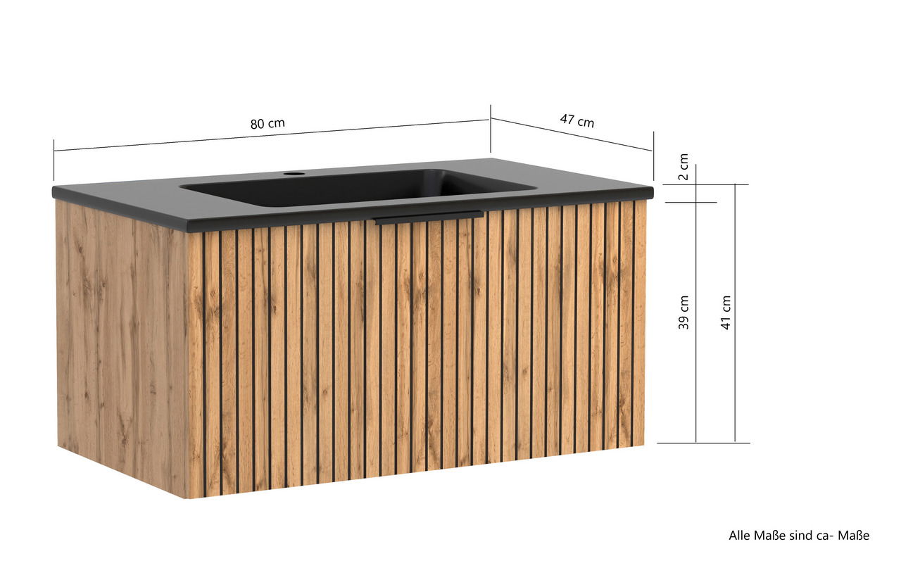 Waschtisch-Set 80 cm mit Holzoptik und schwarzer Oberfläche, seitliche Perspektive