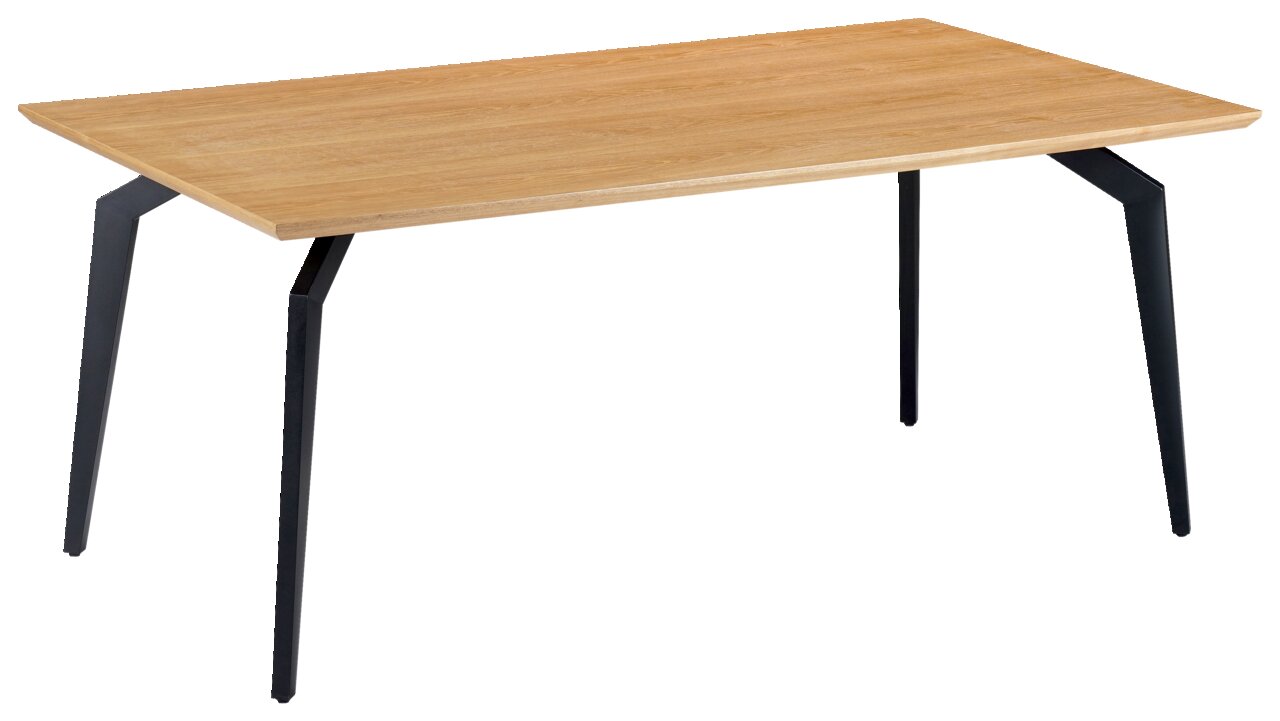 Moderner Esstisch mit Holzplatte und schwarzen Metallbeinen, seitliche Perspektive