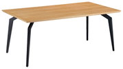Moderner Esstisch mit Holzplatte und schwarzen Metallbeinen, seitliche Perspektive