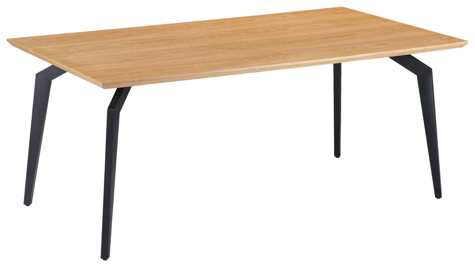 Moderner Esstisch mit Holzplatte und schwarzen Metallbeinen, seitliche Perspektive