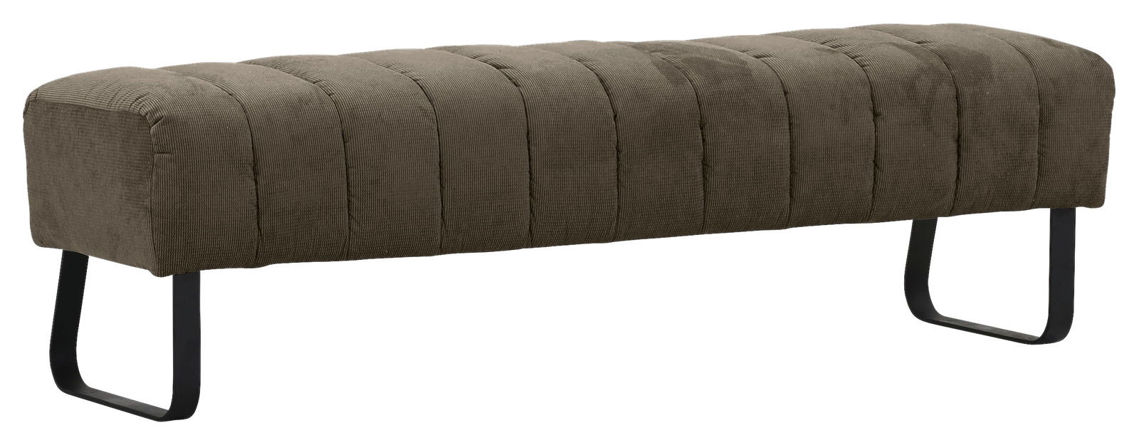 Novel 2,5er-Sitzbank LAILA Seitliche Ansicht einer modernen 2,5er-Sitzbank mit gepolstertem, olivgrünem Stoffbezug und schwarzen Metallbeinen.