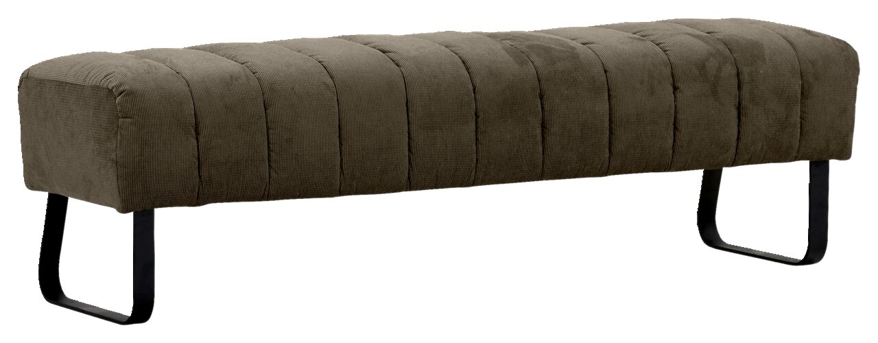 Seitliche Ansicht einer modernen 2,5er-Sitzbank mit gepolstertem, olivgrünem Stoffbezug und schwarzen Metallbeinen.