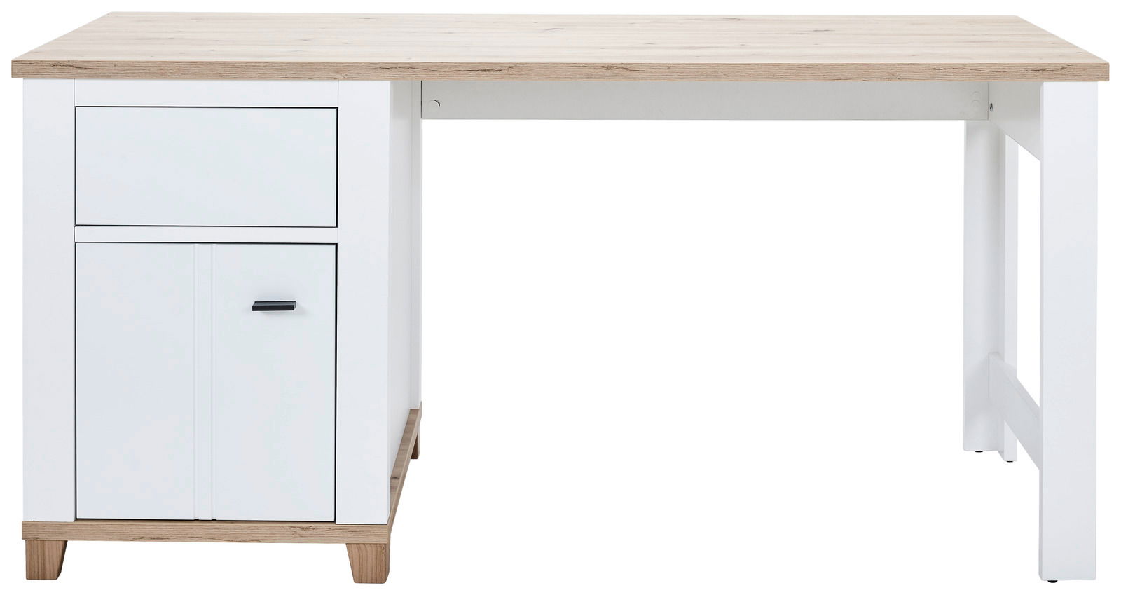 Moderner Schreibtisch mit Holzplatte und weißem Korpus, Ansicht von vorne