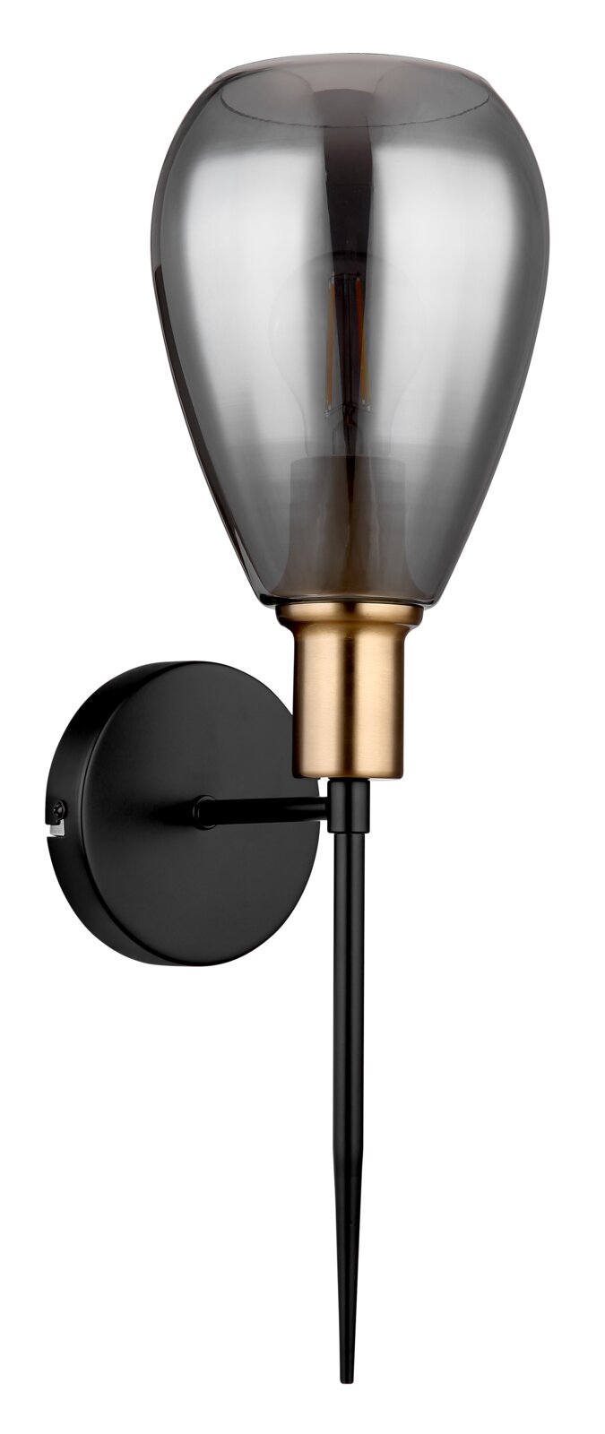 Moderne Wandleuchte mit rauchgrauem Glas und goldfarbenem Sockel, seitliche Perspektive