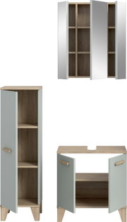 Badmöbel-Set in Grau und Eicheoptik mit Spiegelschrank, Hochschrank und Waschtischunterschrank, Türen geöffnet, Frontansicht
