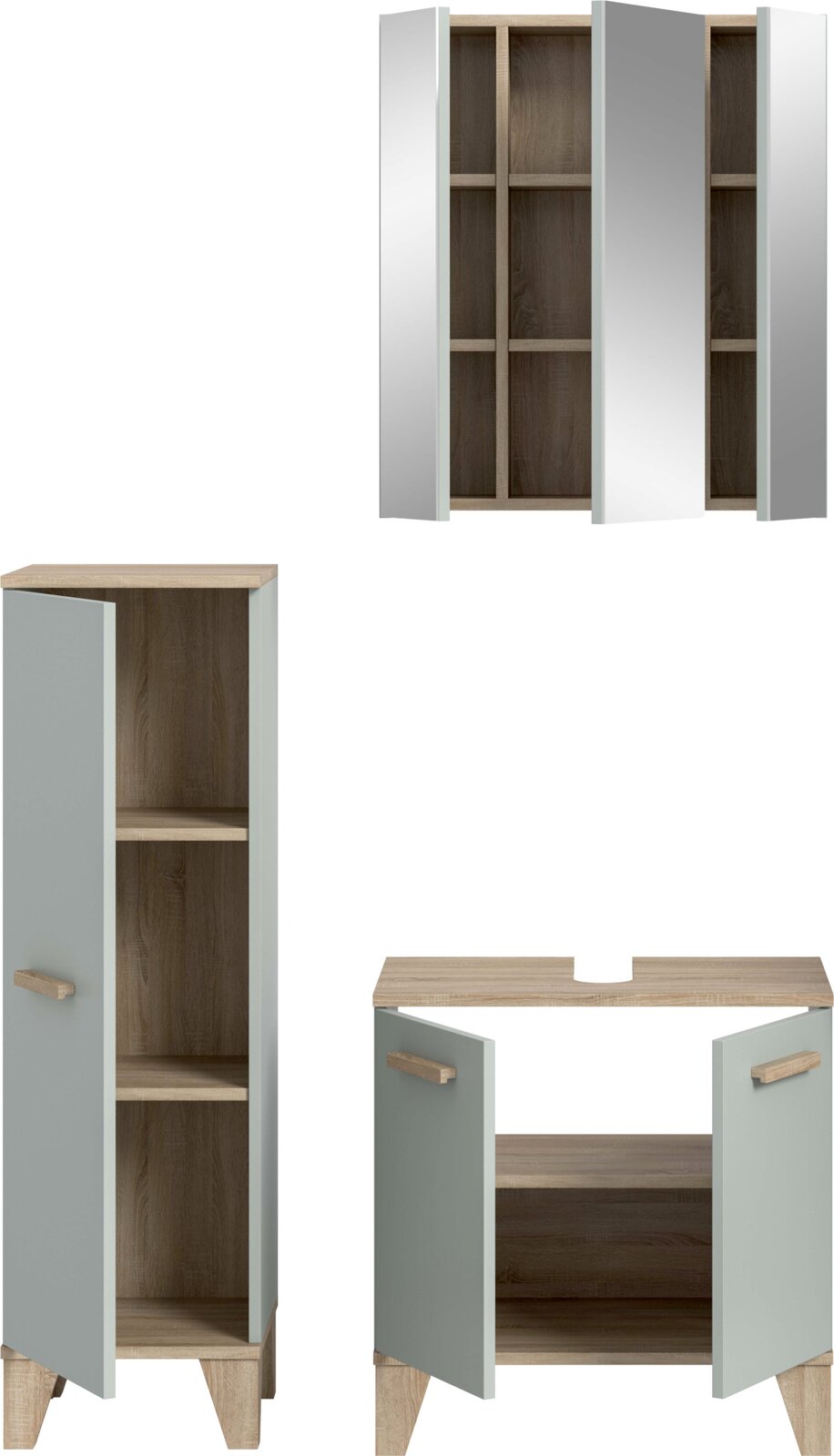 Badmöbel-Set in Grau und Eicheoptik mit Spiegelschrank, Hochschrank und Waschtischunterschrank, Türen geöffnet, Frontansicht