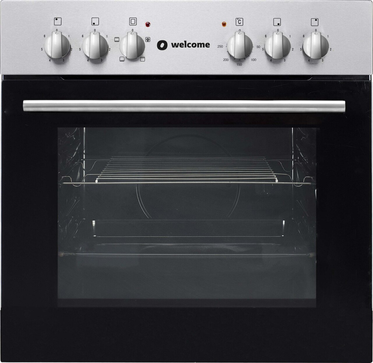 Frontansicht eines modernen Einbauofens mit Edelstahlblende und Drehknöpfen.