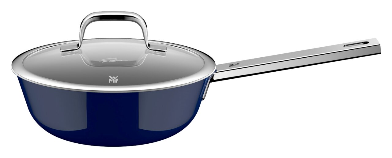 Blaue Sauteuse mit Deckel und langem Griff, seitliche Perspektive