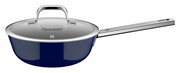 Blaue Sauteuse mit Deckel und langem Griff, seitliche Perspektive