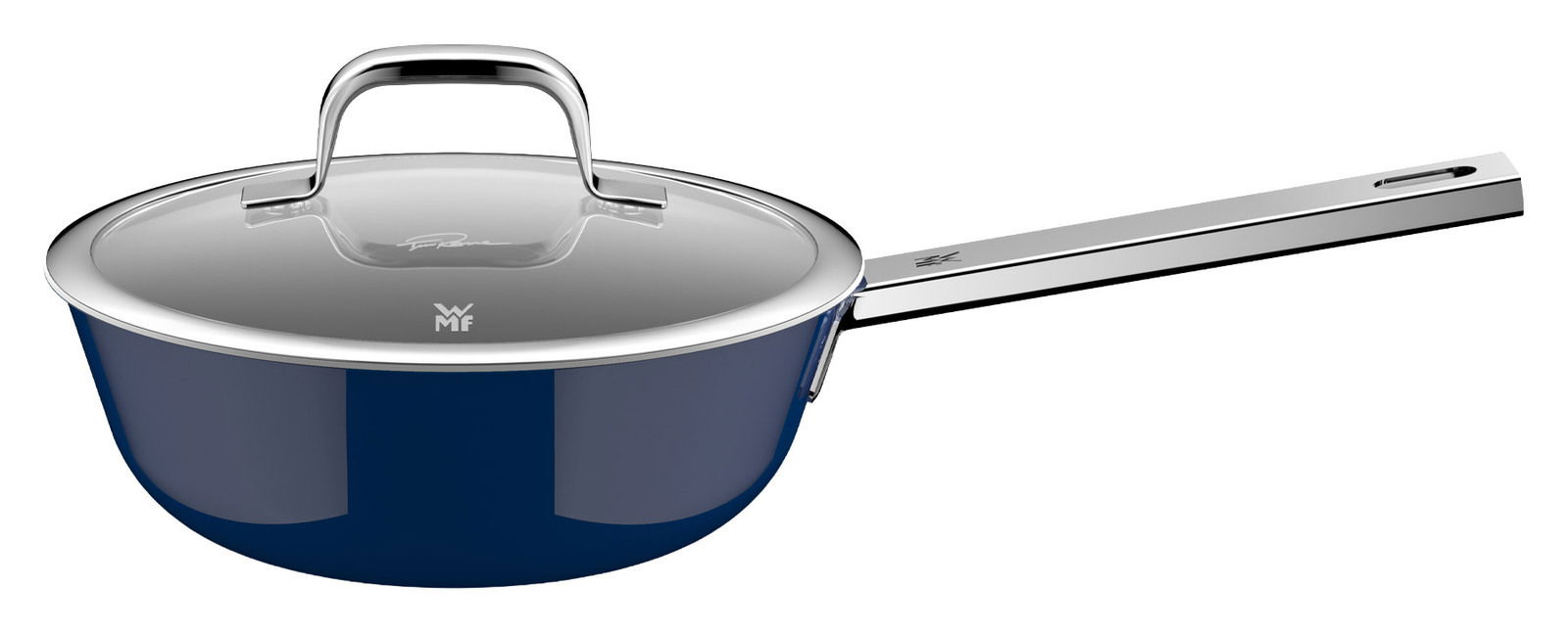 WMF Sauteuse mit Deckel FUSIONTEC MINERAL PRO Blaue Sauteuse mit Deckel und langem Griff, seitliche Perspektive