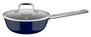 Blaue Sauteuse mit Deckel und langem Griff, seitliche Perspektive