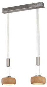 Moderne Pendelleuchte mit zwei hängenden Holzlampenschirmen und Metallakzenten, seitliche Perspektive