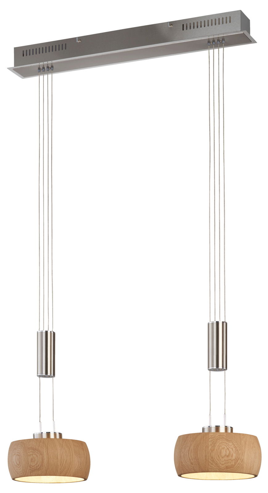 Moderne Pendelleuchte mit zwei hängenden Holzlampenschirmen und Metallakzenten, seitliche Perspektive