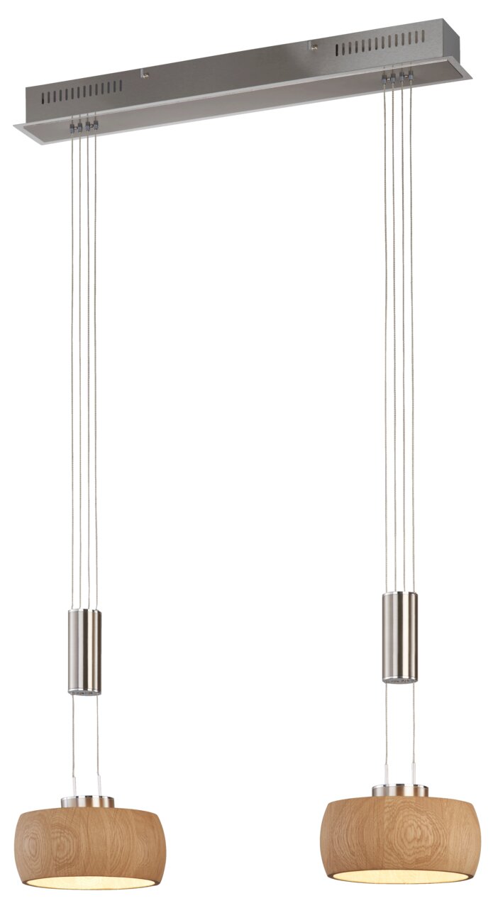 Moderne Pendelleuchte mit zwei hängenden Holzlampenschirmen und Metallakzenten, seitliche Perspektive