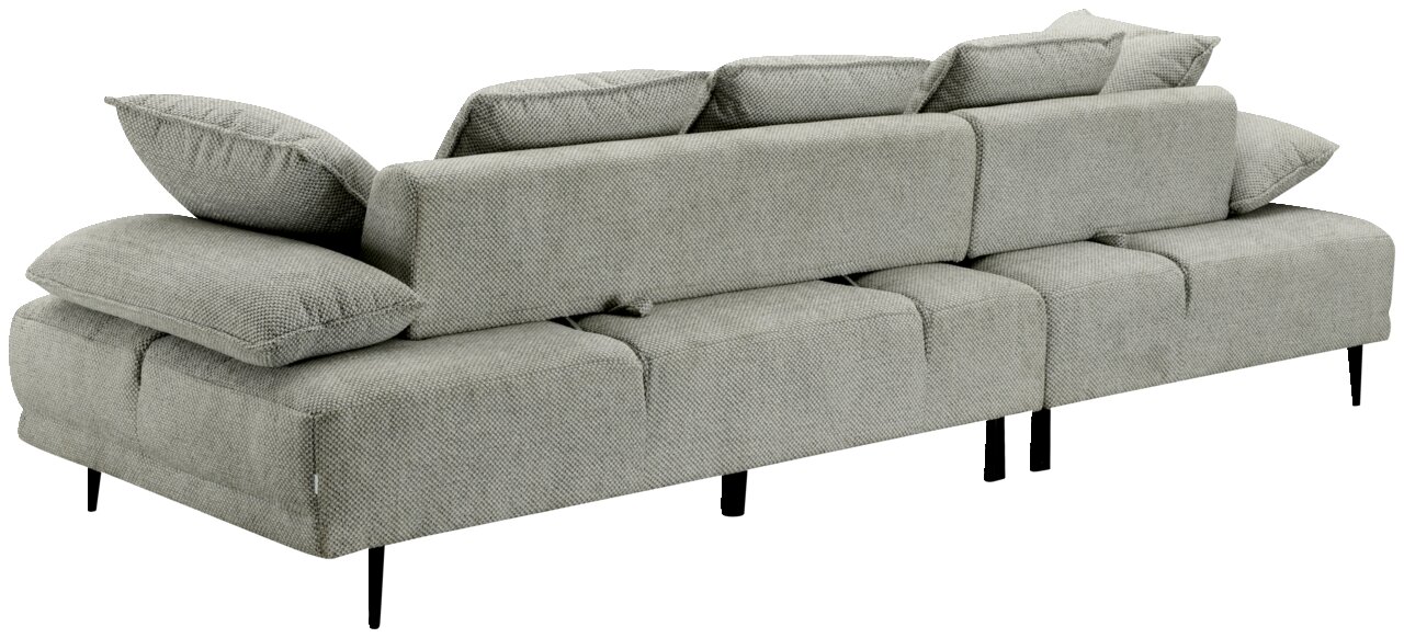 Rückansicht eines modernen, grauen Ecksofas mit mehreren Kissen, Perspektive von hinten links