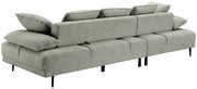 Rückansicht eines modernen, grauen Ecksofas mit mehreren Kissen, Perspektive von hinten links