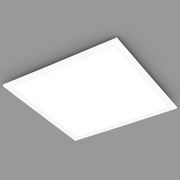 Quadratische weiße LED-Badleuchte von unten betrachtet, montiert an einer grauen Decke.