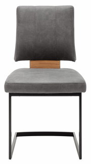 Freischwinger-Stuhl in grauem Stoff mit schwarzem Metallgestell, Frontalansicht