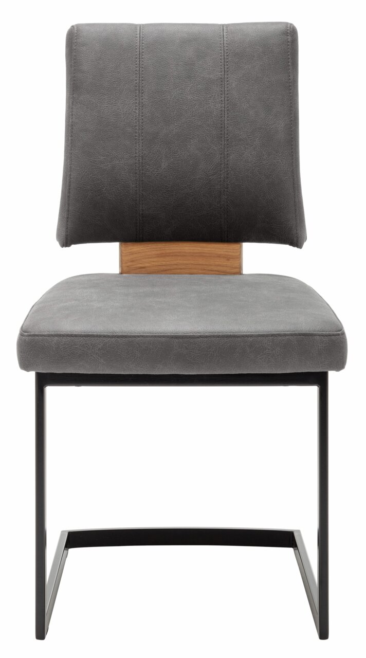 Freischwinger-Stuhl in grauem Stoff mit schwarzem Metallgestell, Frontalansicht