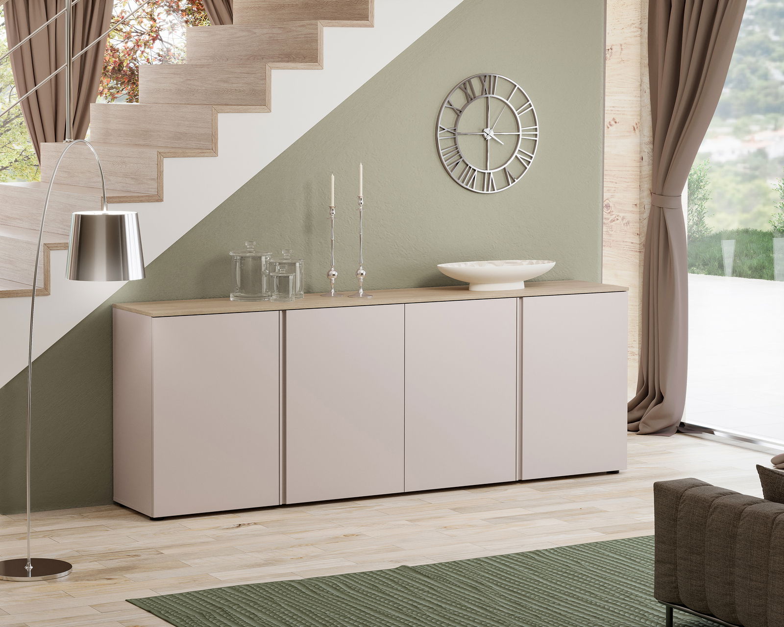 Modernes XL-Sideboard in einem stilvollen Wohnzimmer, seitliche Perspektive