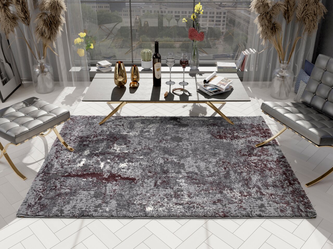 OCI Webteppich 240x340 cm JUWEL Moderner Wohnzimmerteppich Juwel Liray in Grau- und Rottönen, ca. 240x340cm, in einem stilvoll eingerichteten Raum mit Blick aus der Vogelperspektive.