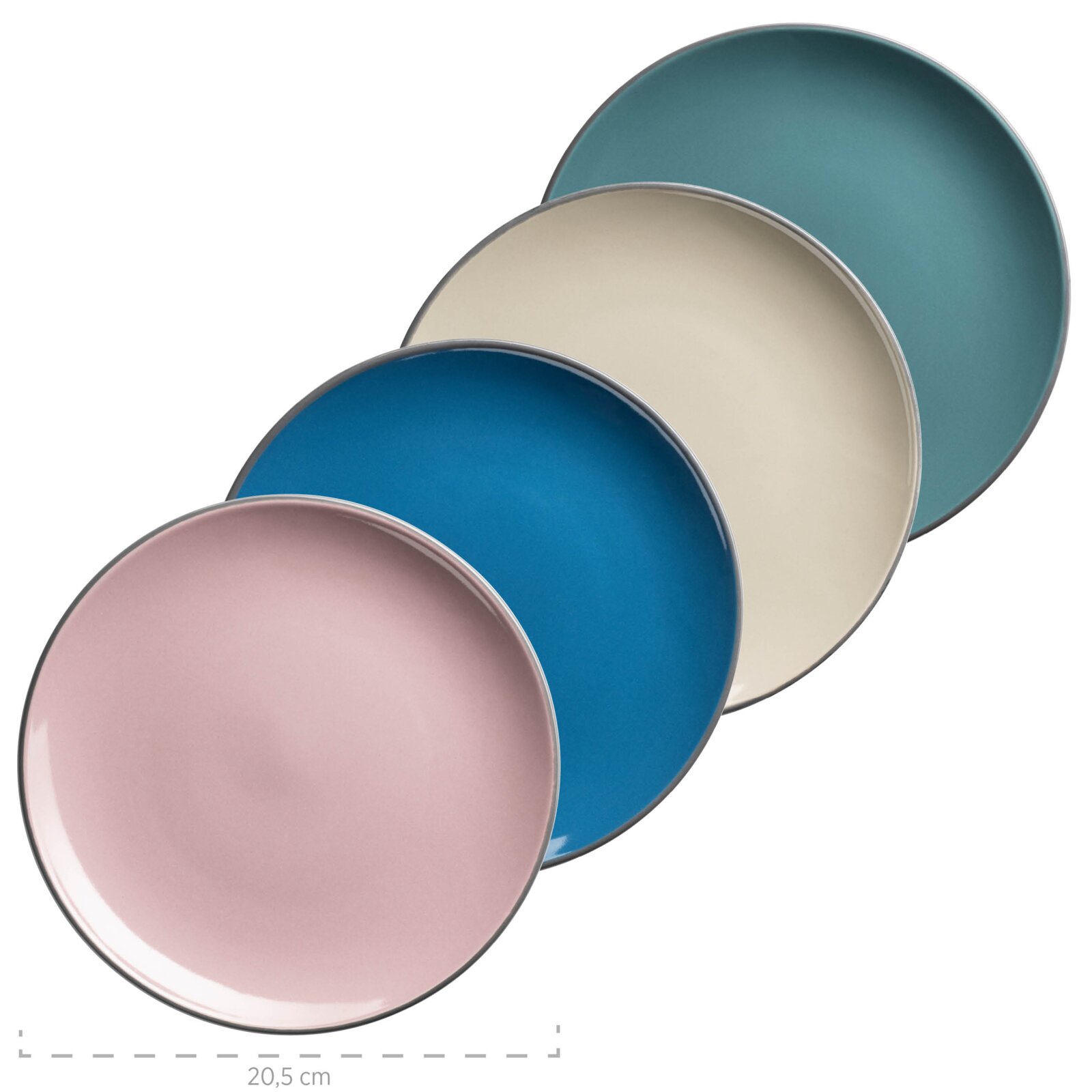 Vier runde, flache Teller in Pastellfarben (Rosa, Blau, Creme, Petrol) mit dunklem Rand, schräg überlappend auf weißem Hintergrund, Ansicht von oben in leichter Schrägperspektive; unten Maßangabe 20,5 cm