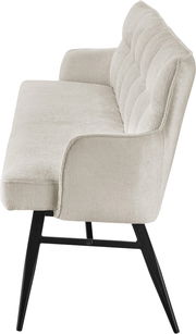 Seitenansicht einer modernen, gepolsterten Bank mit hellgrauem Stoffbezug und schwarzen Metallbeinen.