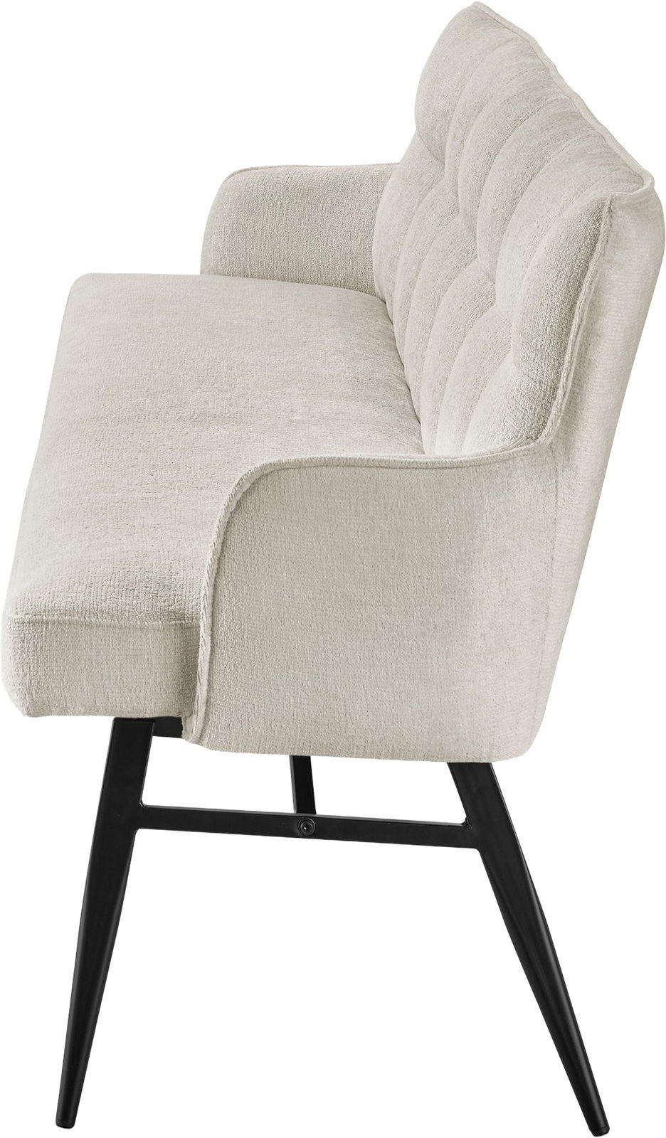 Seitenansicht einer modernen, gepolsterten Bank mit hellgrauem Stoffbezug und schwarzen Metallbeinen.