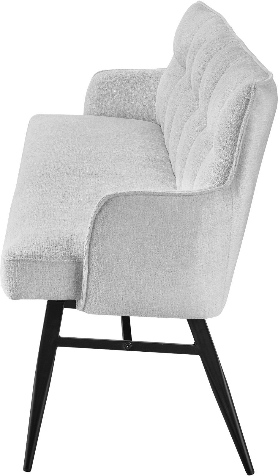 Set one by Musterring Bank SET ONE TUCSON Seitenansicht einer modernen, gepolsterten Bank mit hellgrauem Stoffbezug und schwarzen Metallbeinen.