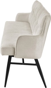 Seitenansicht einer modernen, gepolsterten Bank mit hellgrauem Stoffbezug und schwarzen Metallbeinen.