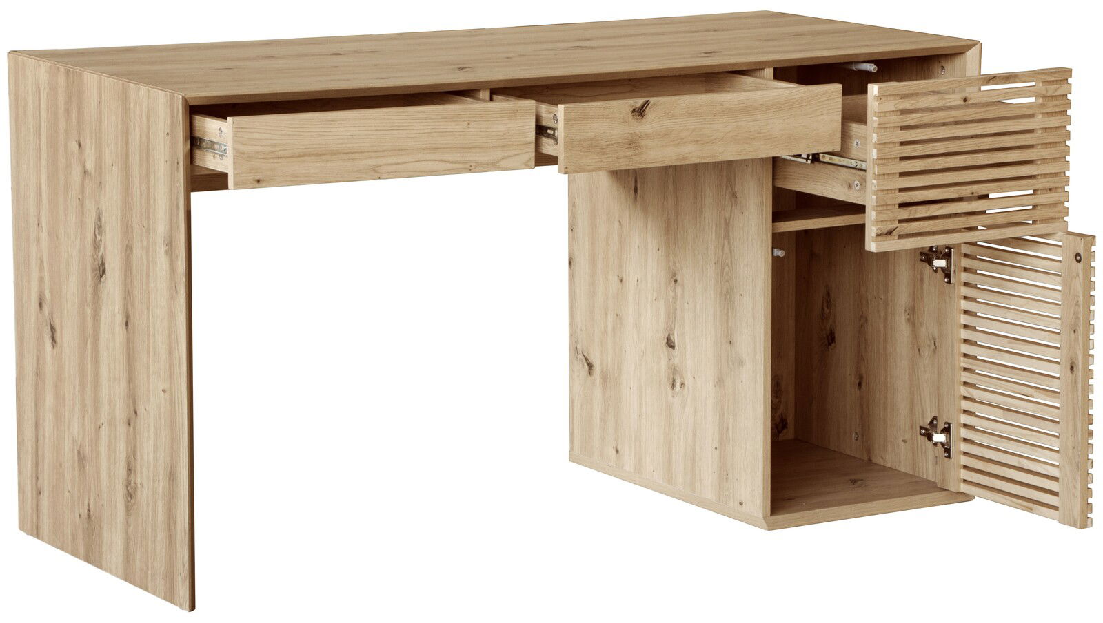 Schreibtisch aus Holz mit zwei offenen Schubladen und einer geöffneten Tür, seitliche Perspektive