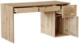 Schreibtisch aus Holz mit zwei offenen Schubladen und einer geöffneten Tür, seitliche Perspektive