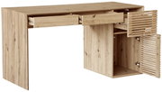 Schreibtisch aus Holz mit zwei offenen Schubladen und einer geöffneten Tür, seitliche Perspektive