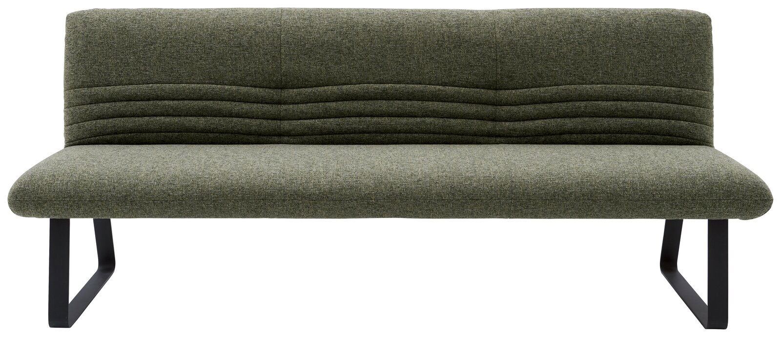 Grüne Sitzbank mit modernem Design, frontal fotografiert, mit gepolsterter Rückenlehne und schwarzen Metallbeinen.