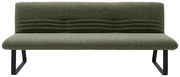 Grüne Sitzbank mit modernem Design, frontal fotografiert, mit gepolsterter Rückenlehne und schwarzen Metallbeinen.