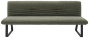 Grüne Sitzbank mit modernem Design, frontal fotografiert, mit gepolsterter Rückenlehne und schwarzen Metallbeinen.