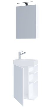 Modernes weißes Badezimmer-Waschtisch-Set mit Spiegel/Spiegelschrank und Waschtisch mit geöffnetem Unterschrank und Regalfächern, schräg von vorne links freigestellt auf weißem Hintergrund