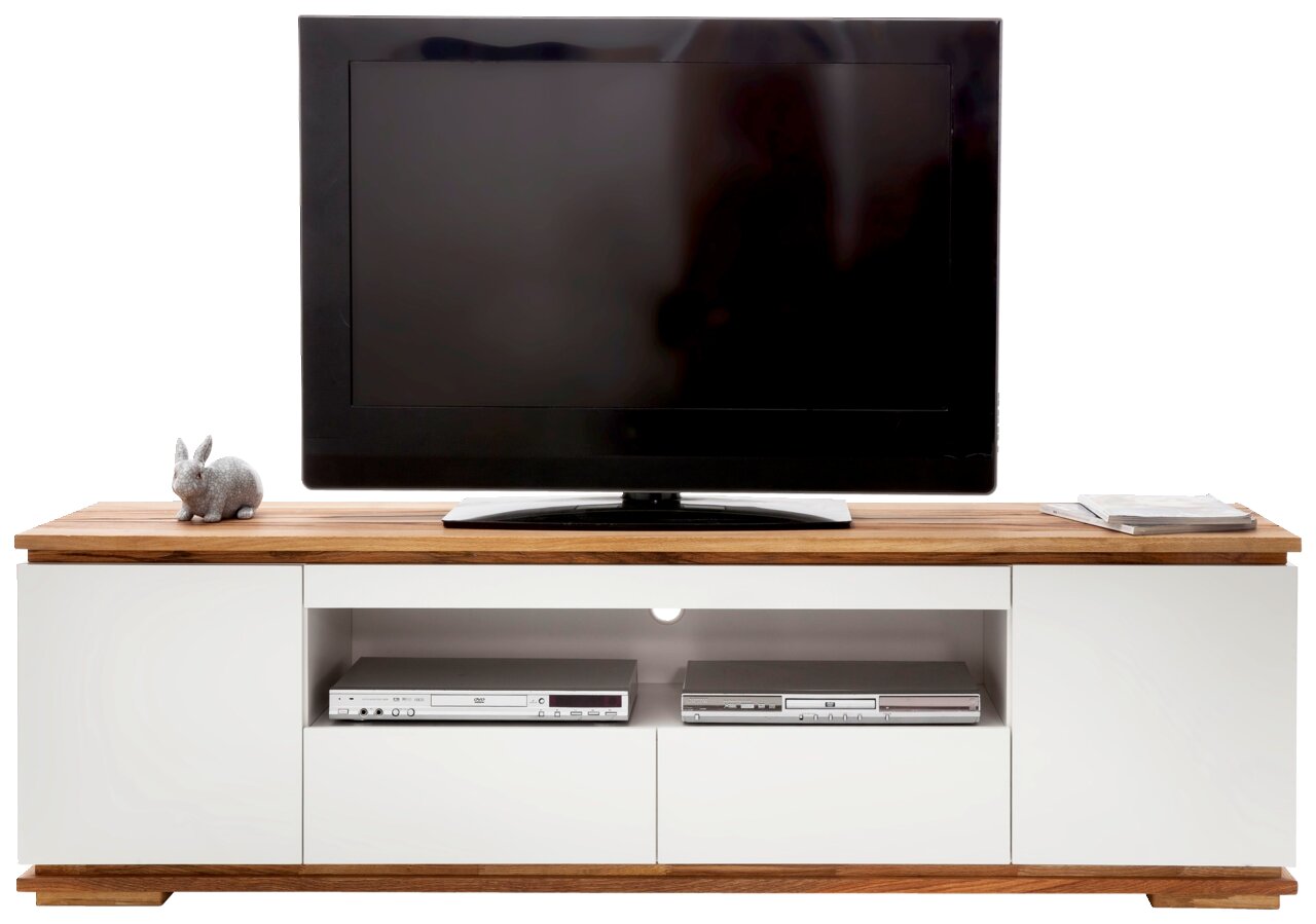 Frontansicht eines TV-Lowboards mit Holzoberfläche, weißem Korpus, einem Fernseher, einem Deko-Hasen und zwei elektronischen Geräten in der Mitte.