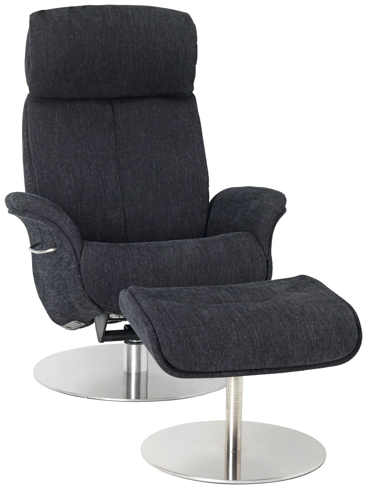 Moderner Relaxsessel mit Hocker in dunklem Stoffbezug, seitliche Perspektive