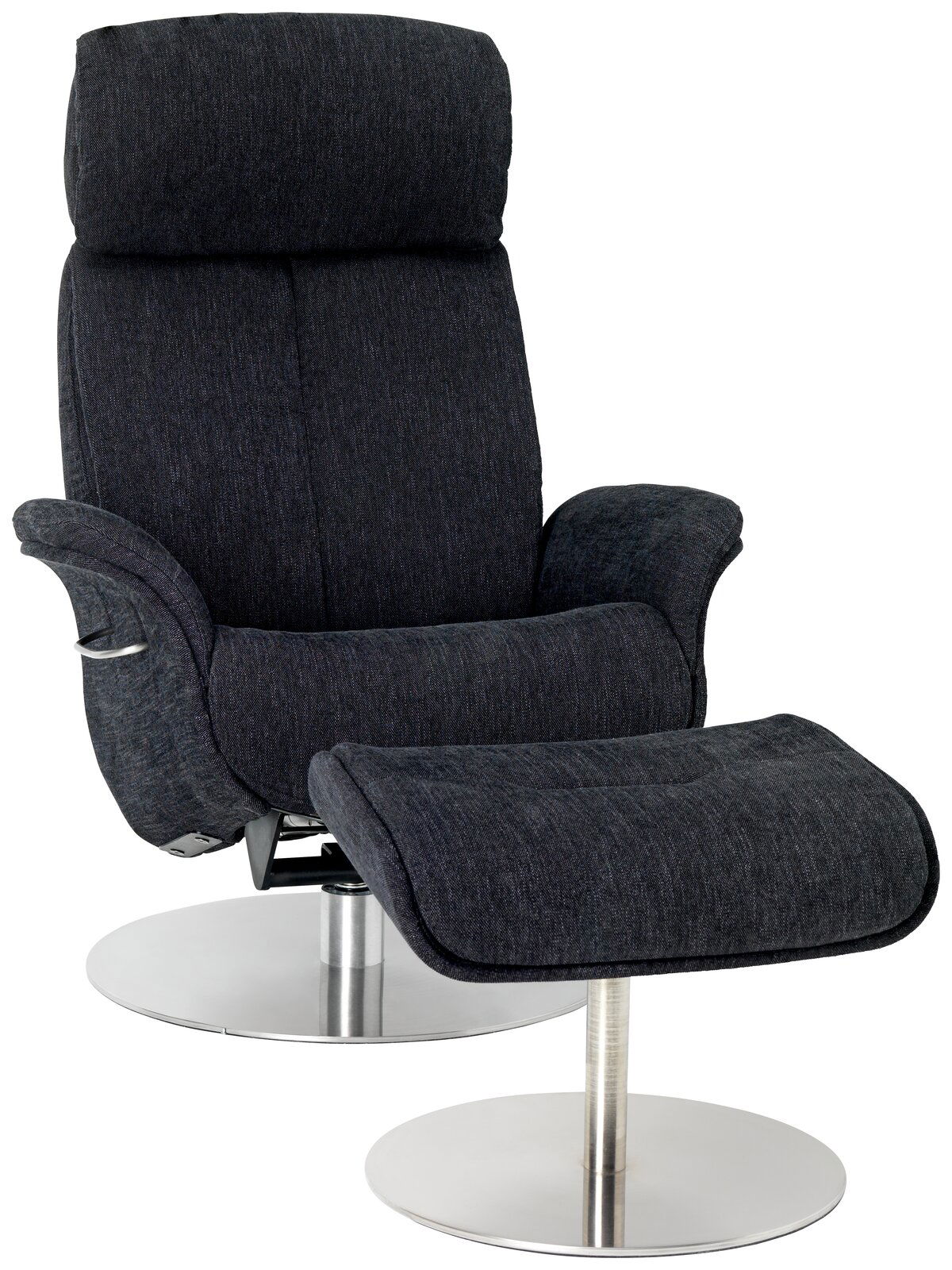 Moderner Relaxsessel mit Hocker in dunklem Stoffbezug, seitliche Perspektive