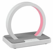 Moderne LED-Tischlampe in Ringform mit rosa Licht, seitliche Perspektive