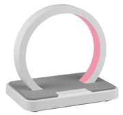 Moderne LED-Tischlampe in Ringform mit rosa Licht, seitliche Perspektive