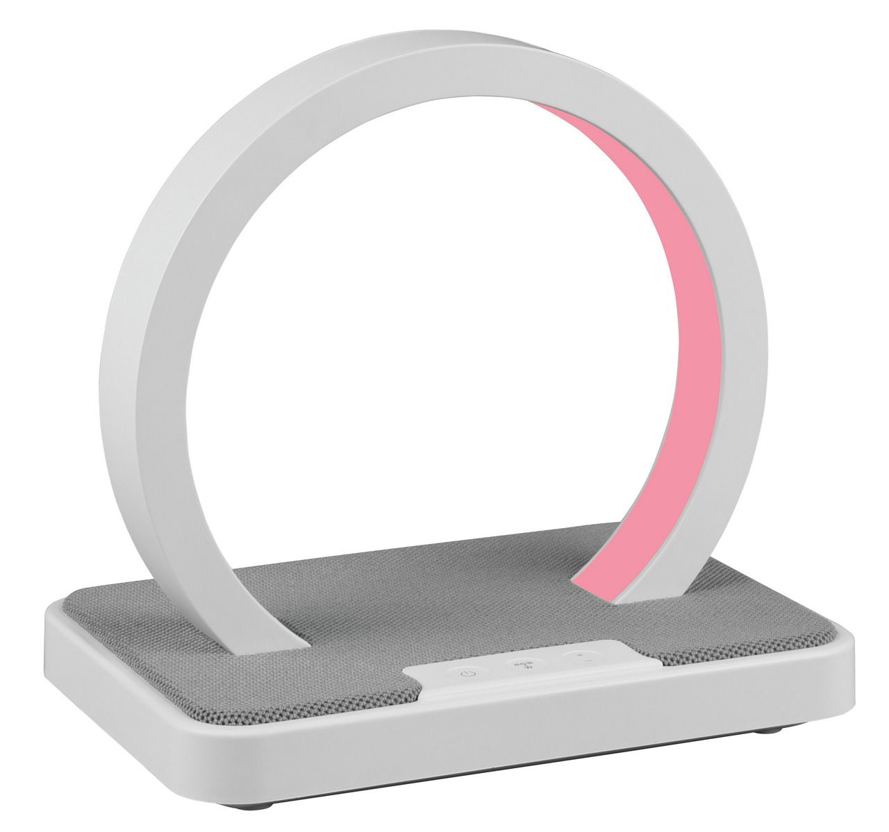 Moderne LED-Tischlampe in Ringform mit rosa Licht, seitliche Perspektive