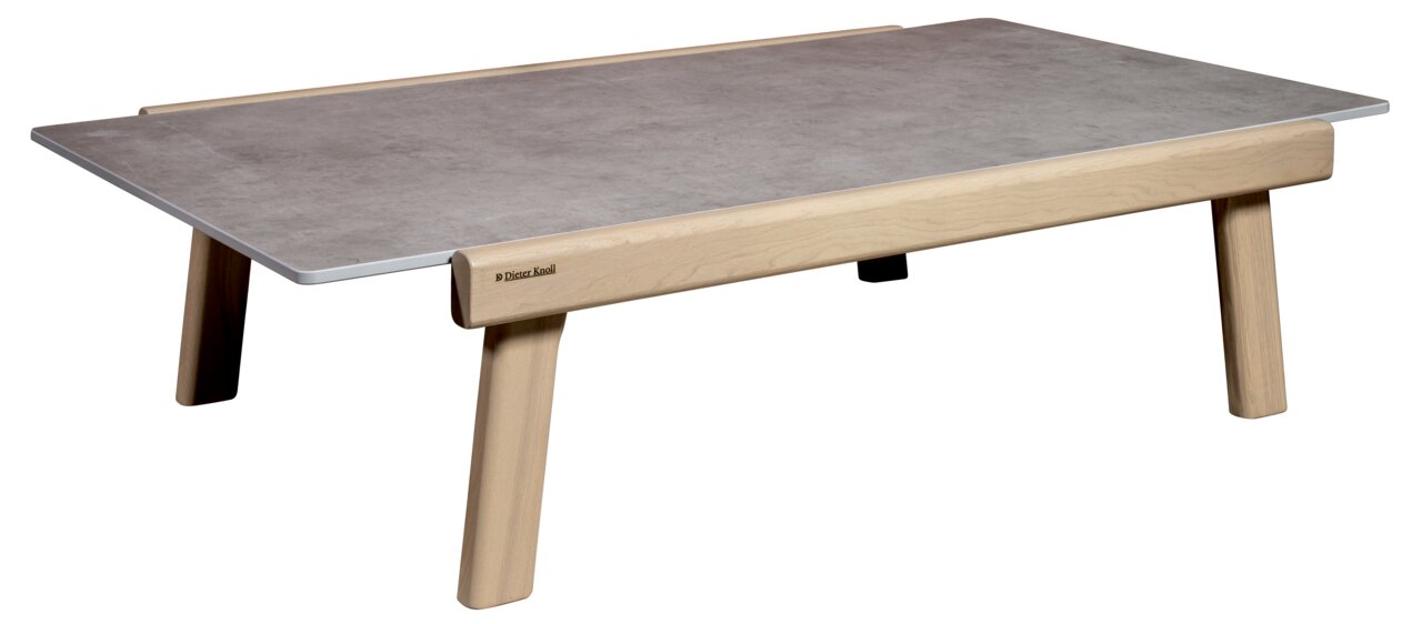 Dieter Knoll Loungetisch MARI Moderner Loungetisch mit grauer Tischplatte und hellen Holzbeinen, seitliche Perspektive