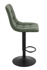 Seitenansicht eines modernen Barhockers mit grünem, gepolstertem Sitz und schwarzem Metallfuß.