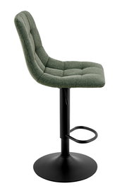 Seitenansicht eines modernen Barhockers mit grünem, gepolstertem Sitz und schwarzem Metallfuß.