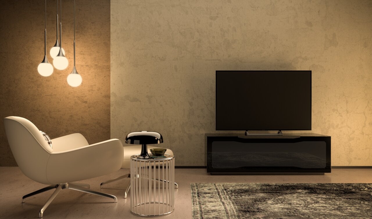 Munari TV-Lowboard RAVENNA Modernes Wohnzimmer mit TV-Lowboard, Flachbildfernseher und stilvoller Beleuchtung, seitliche Perspektive.